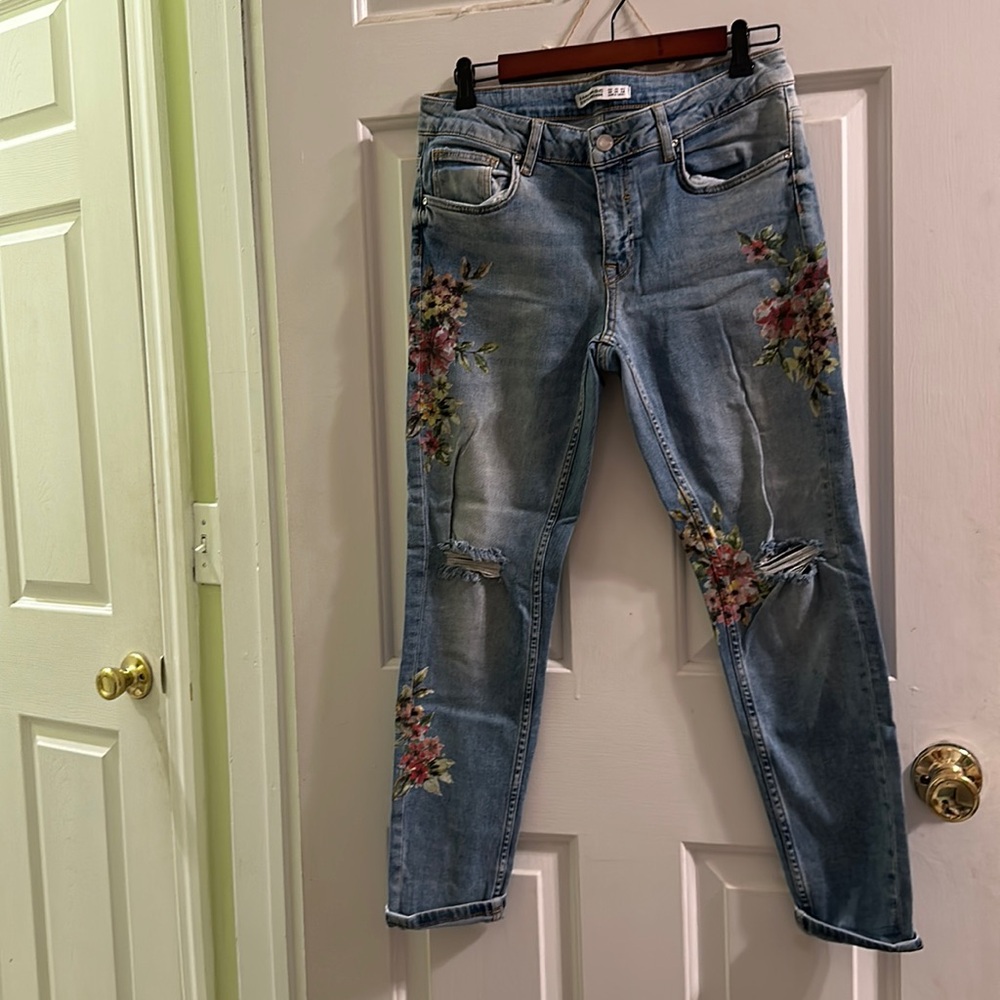 Zara hand painted floral jeans